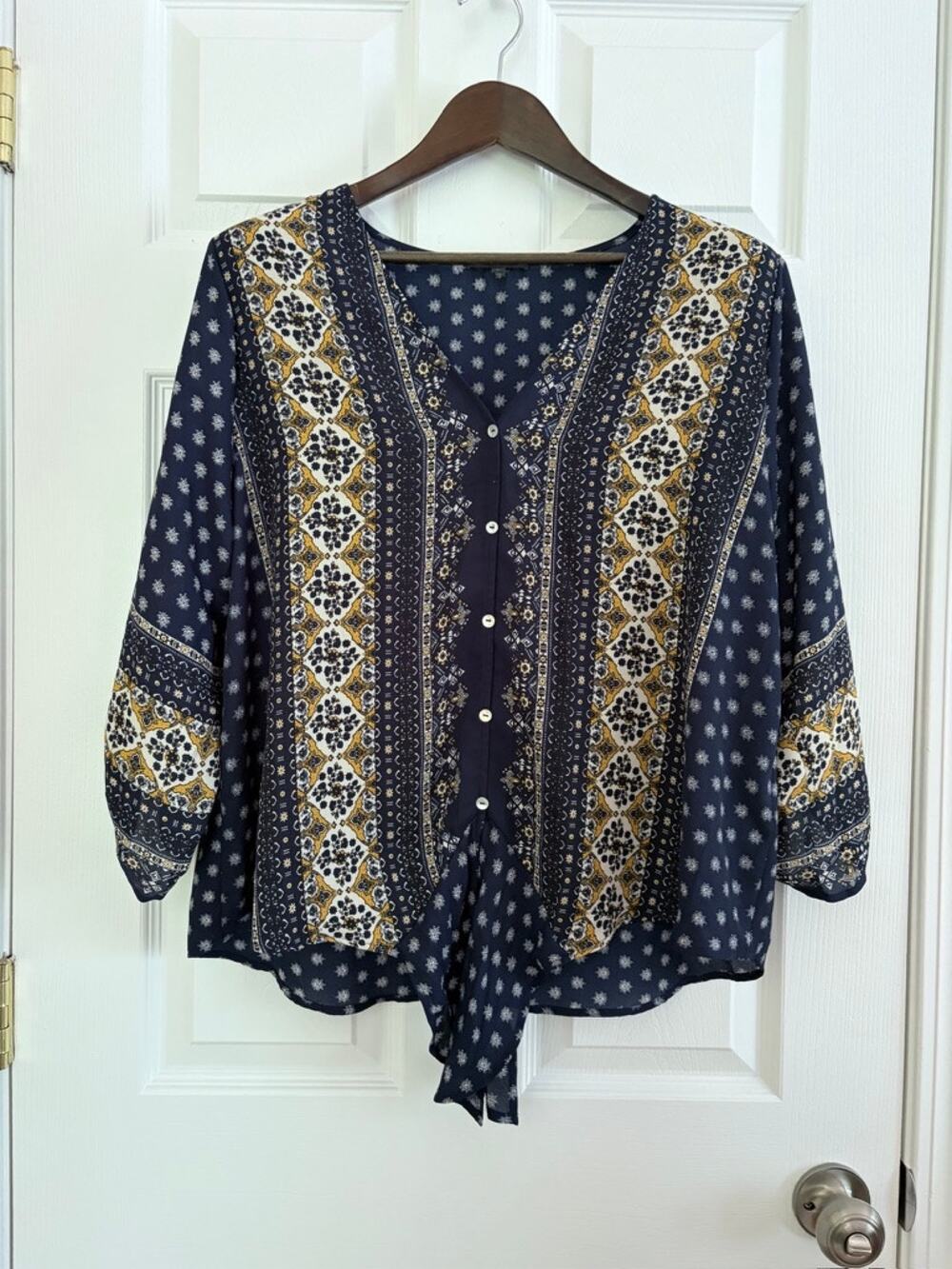 West Kei Lina Roll Tab Blouse Navy Boho Print Tie Front 3/4 Sleeve Large